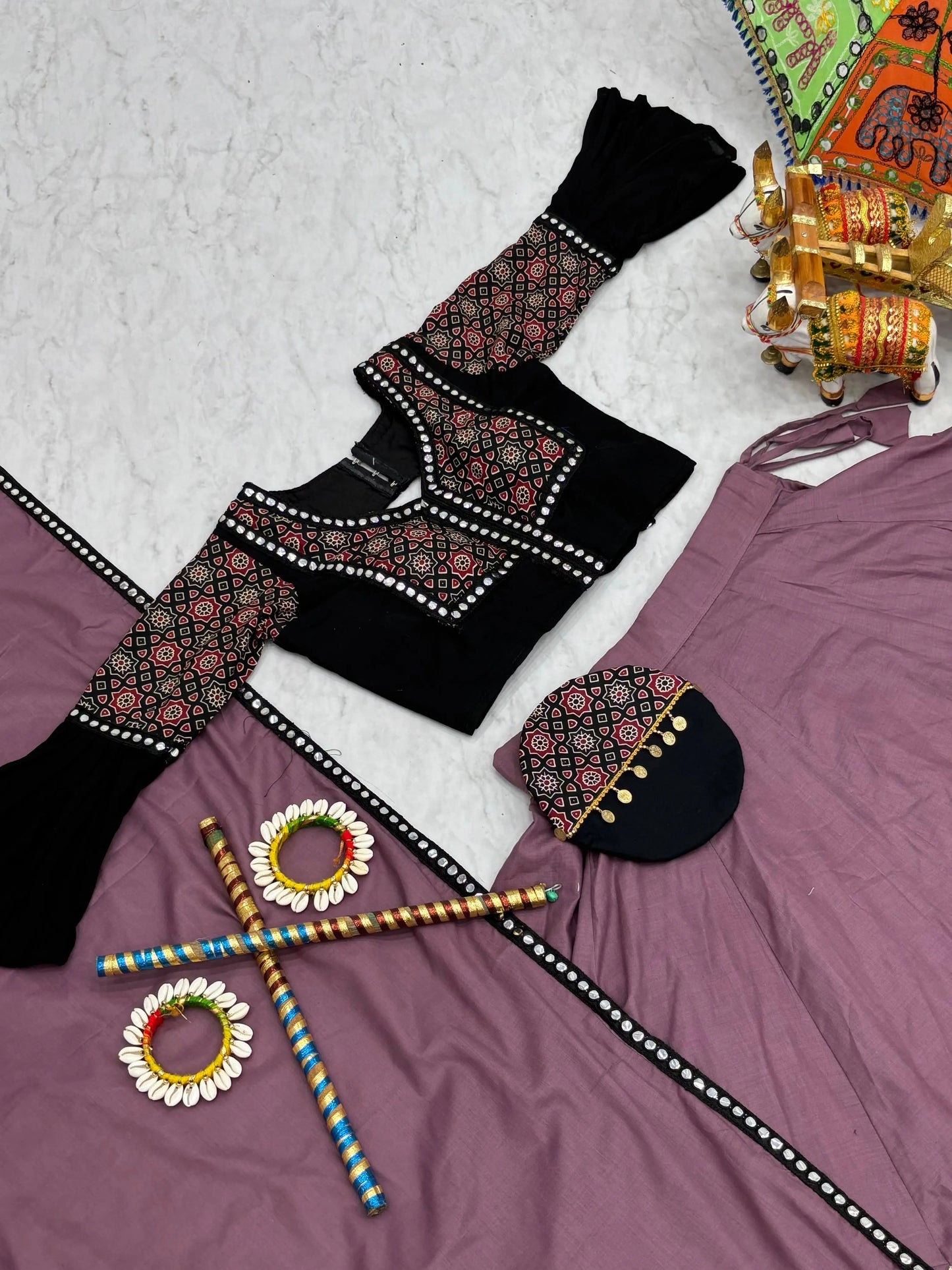 Pure Cotton Ajrakh Print with Mirror work Navratri Special Chaniya Choli (Ready to Wear) Ethenika.com