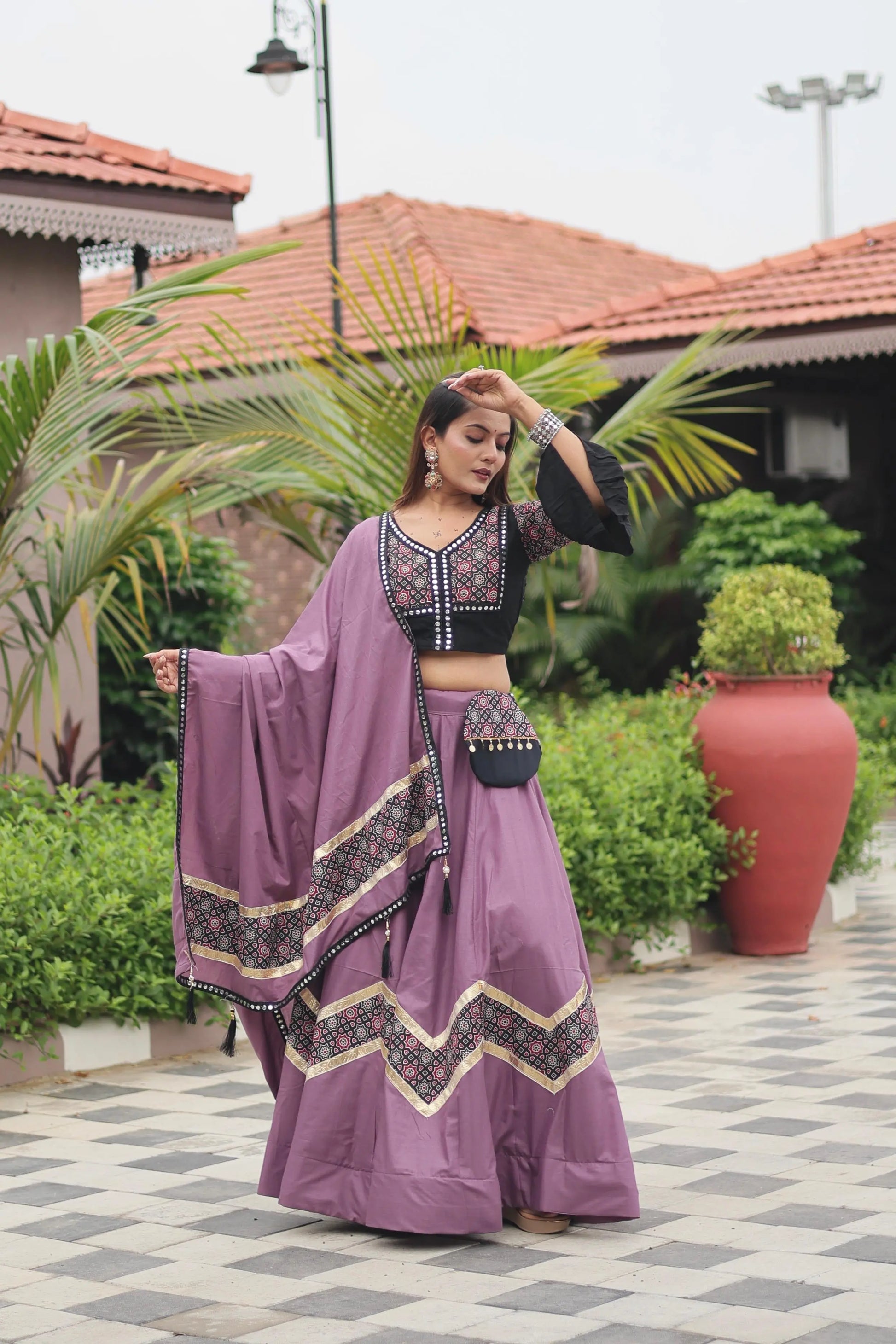 Pure Cotton Ajrakh Print with Mirror work Navratri Special Chaniya Choli (Ready to Wear) Ethenika.com