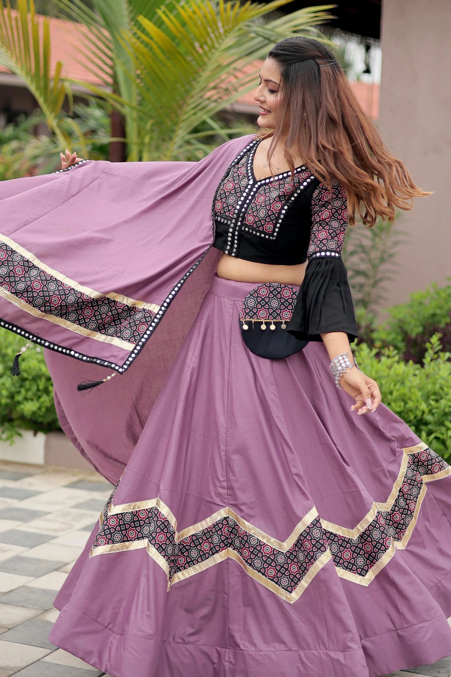 Pure Cotton Ajrakh Print with Mirror work Navratri Special Chaniya Choli (Ready to Wear) Ethenika.com