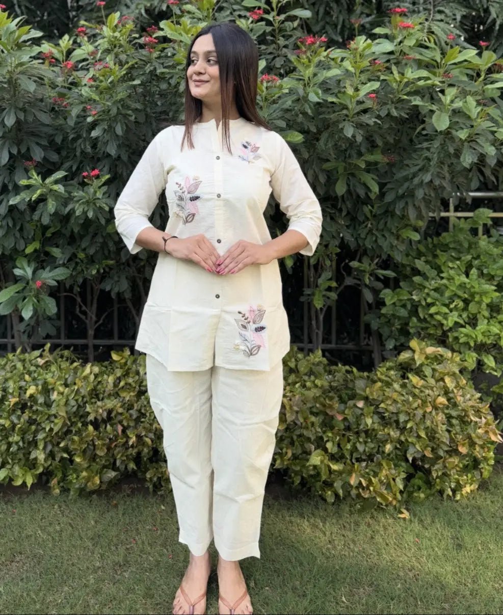 Pure Cotton Embroidery Work Tunic Style Co-ord Set (Ready to Wear) Ethenika.com