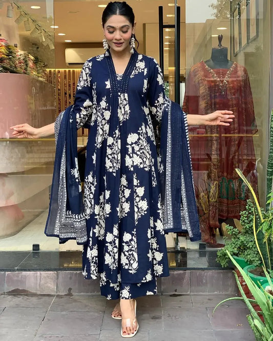 Pure Cotton Sanganeri Print Work Summer Wear Anarkali Flair Kurti Pant Dupatta Set ( Ready to Wear) - Premium  from Ethenika.com  - Just INR 1990! Shop now at Ethenika.com 