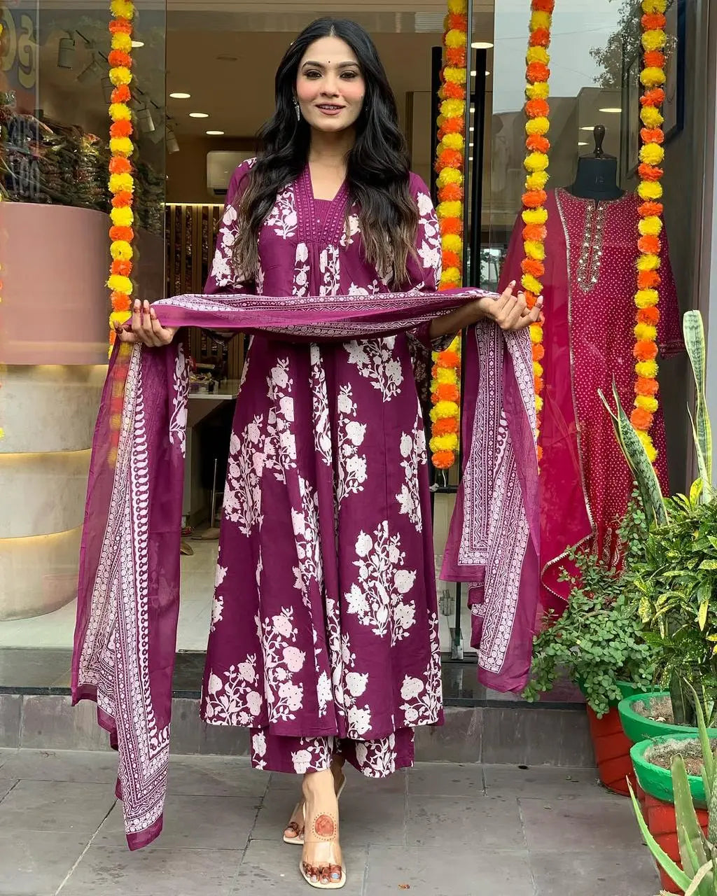 Pure Cotton Sanganeri Print Work Summer Wear Anarkali Flair Kurti Pant Dupatta Set ( Ready to Wear) - Premium  from Ethenika.com  - Just INR 1990! Shop now at Ethenika.com 