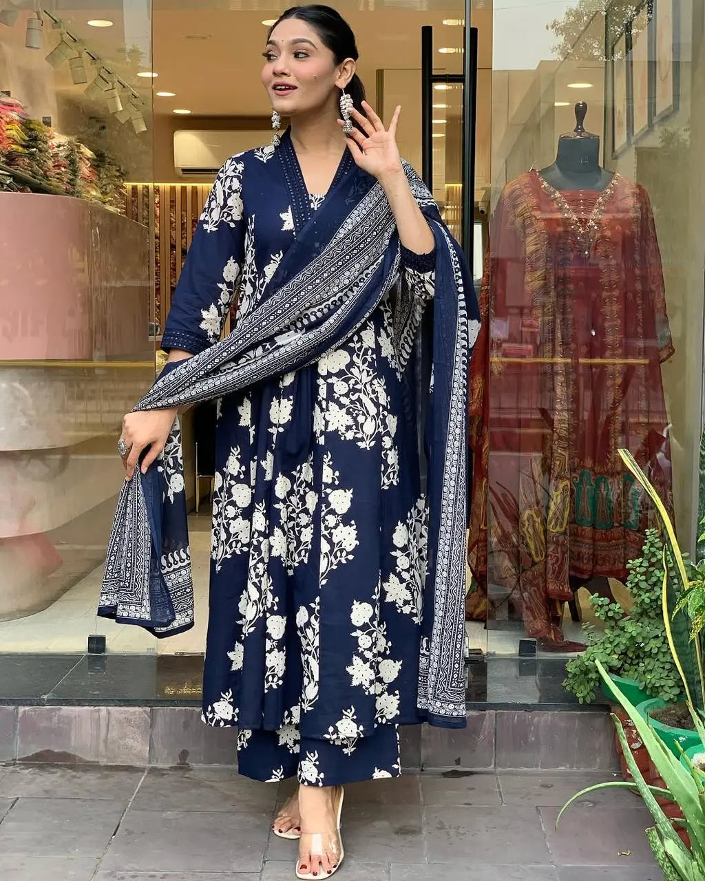 Pure Cotton Sanganeri Print Work Summer Wear Anarkali Flair Kurti Pant Dupatta Set ( Ready to Wear) - Premium  from Ethenika.com  - Just INR 1990! Shop now at Ethenika.com 