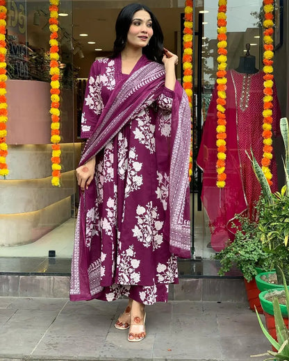 Pure Cotton Sanganeri Print Work Summer Wear Anarkali Flair Kurti Pant Dupatta Set ( Ready to Wear) - Premium  from Ethenika.com  - Just INR 1990! Shop now at Ethenika.com 