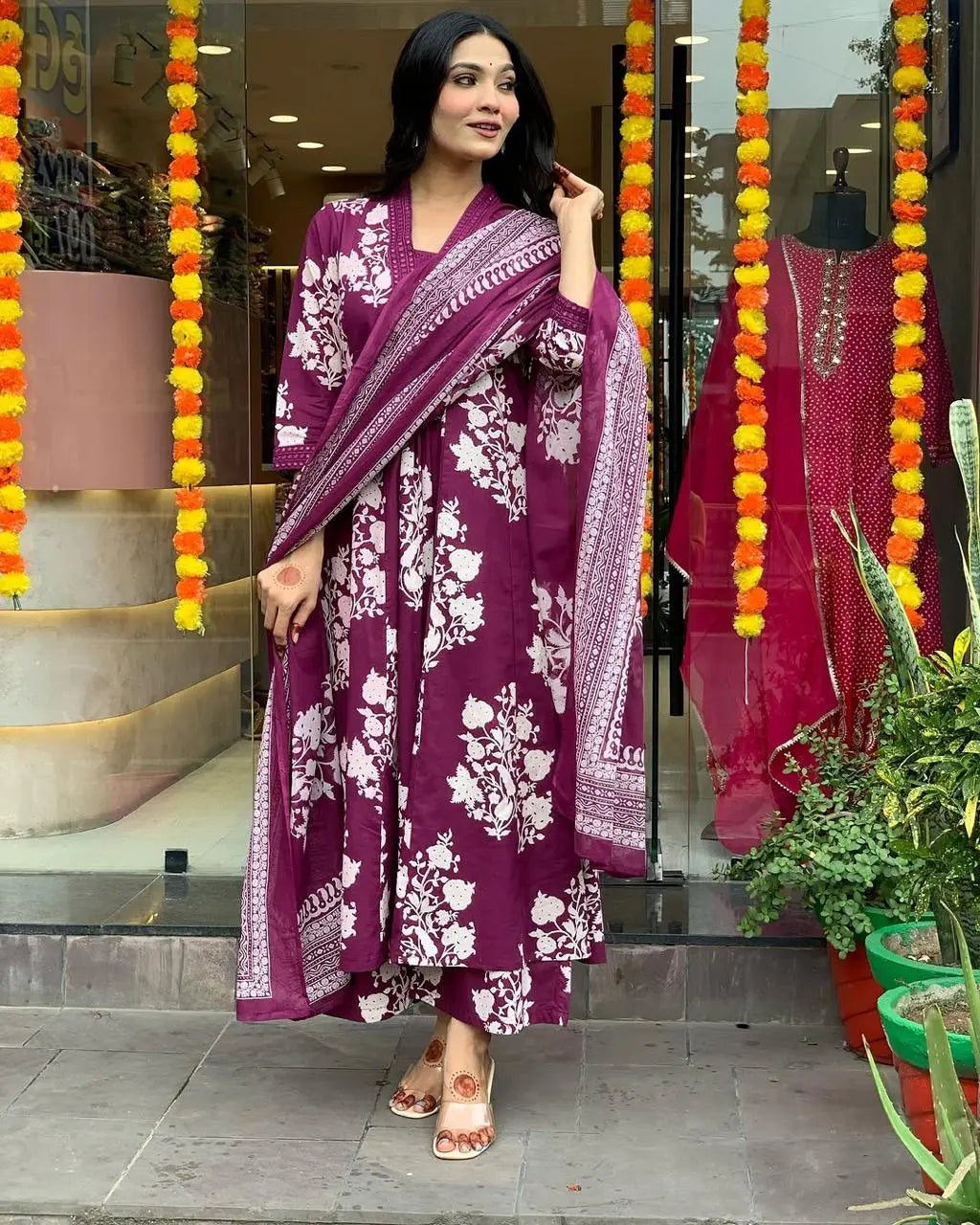 Pure Cotton Sanganeri Print Work Summer Wear Anarkali Flair Kurti Pant Dupatta Set ( Ready to Wear) - Premium  from Ethenika.com  - Just INR 1990! Shop now at Ethenika.com 