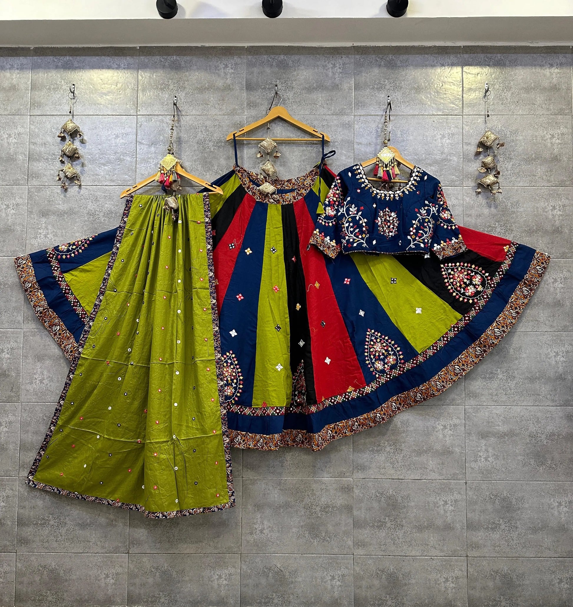 Pure Jaam Cotton Real Mirror Work Navratri Special 8M Flair Designer Chaniya Choli (Ready To Wear) Ethenika.com