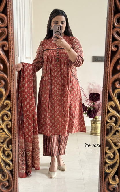 Pure Soft Cotton Summer Special Block Print work Kurti Pant Dupatta Set (Ready to Wear) - Premium  from Ethenika.com  - Just INR 2590! Shop now at Ethenika.com 