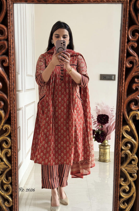 Pure Soft Cotton Summer Special Block Print work Kurti Pant Dupatta Set (Ready to Wear) - Premium  from Ethenika.com  - Just INR 2590! Shop now at Ethenika.com 