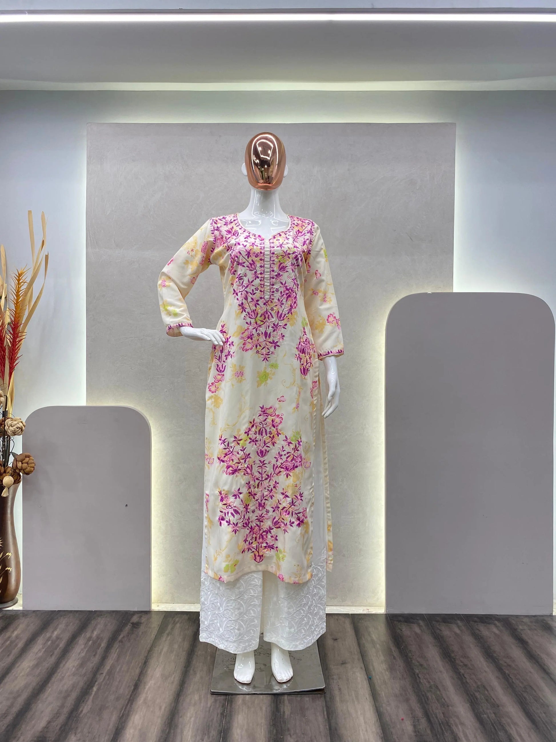 Rayon Chikankari Kurti Palazzo Set (Stitched) - Premium  from Ethenika.com  - Just INR 2190! Shop now at Ethenika.com 