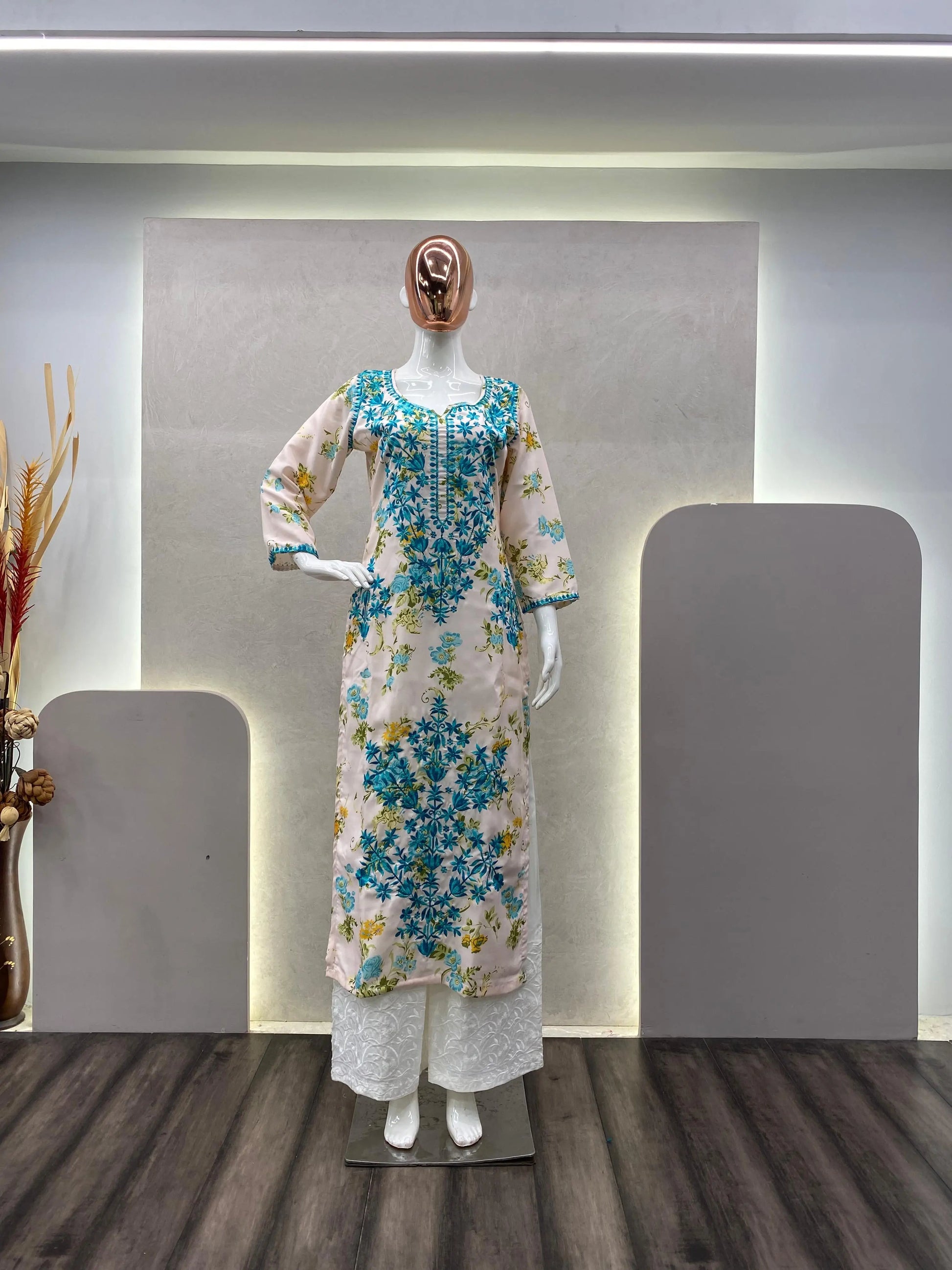 Rayon Chikankari Kurti Palazzo Set (Stitched) - Premium  from Ethenika.com  - Just INR 2190! Shop now at Ethenika.com 