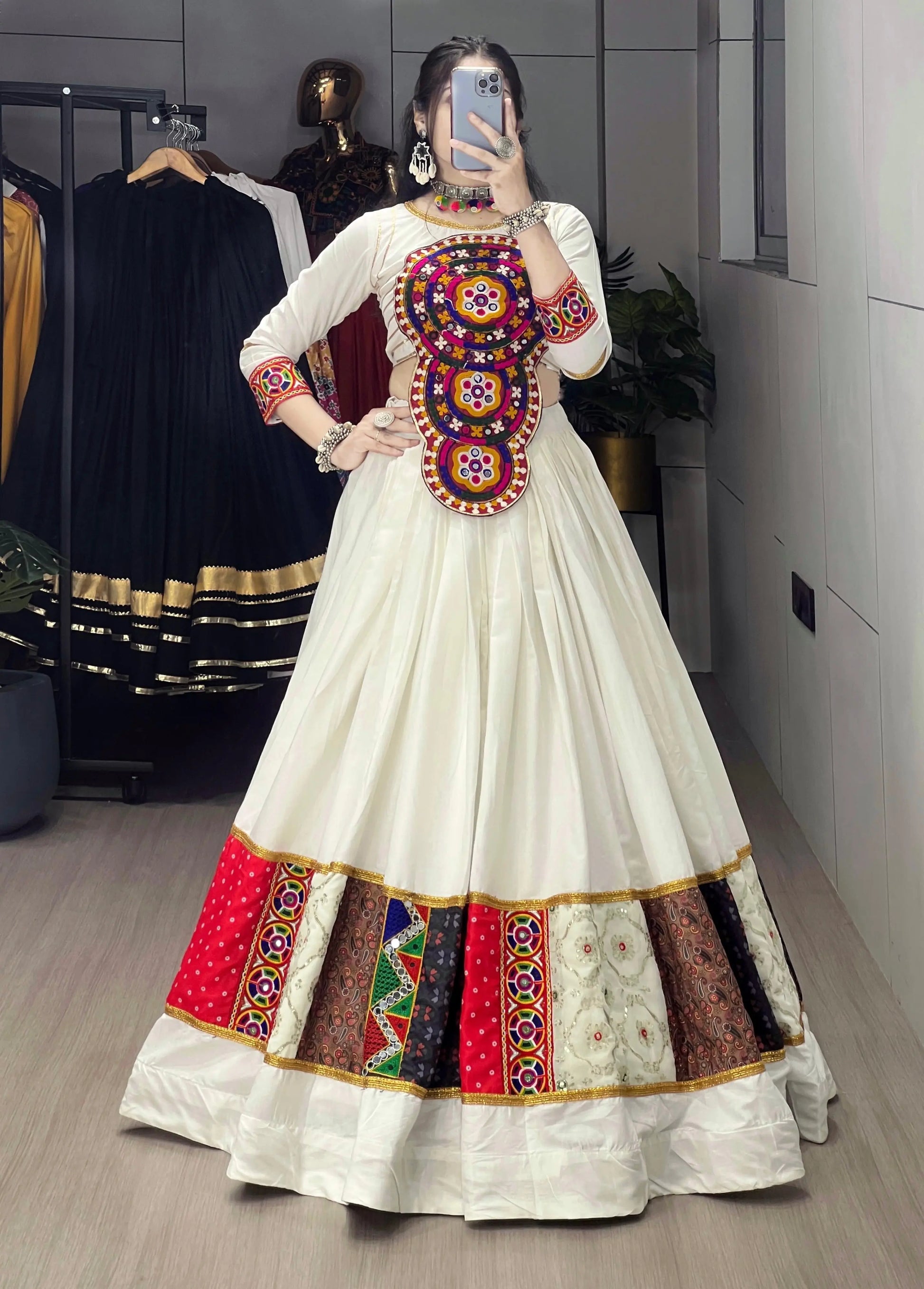 Rayon Kutchi Fancy Embroidery Mirror work White Concept Designer Chaniya Choli (Ready to Wear) Ethenika.com