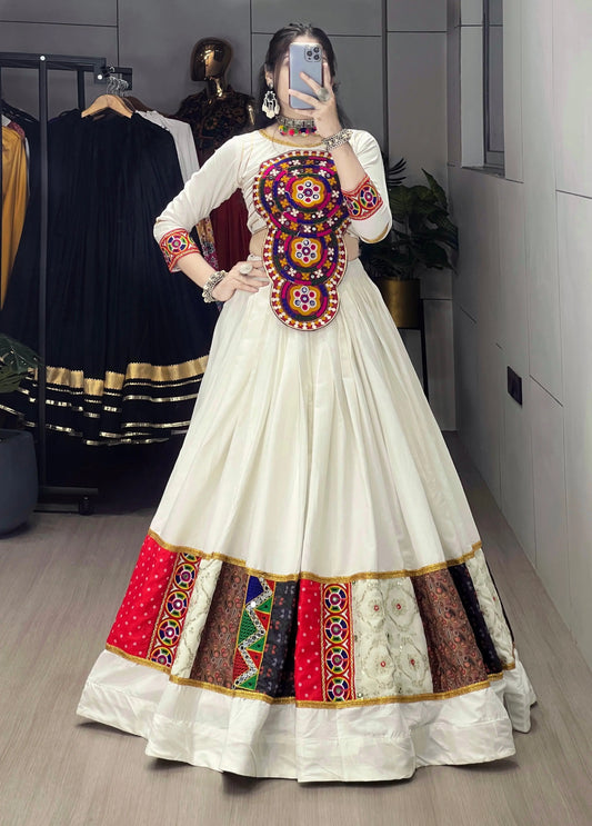 Rayon Kutchi Fancy Embroidery Mirror work White Concept Designer Chaniya Choli (Ready to Wear) Ethenika.com
