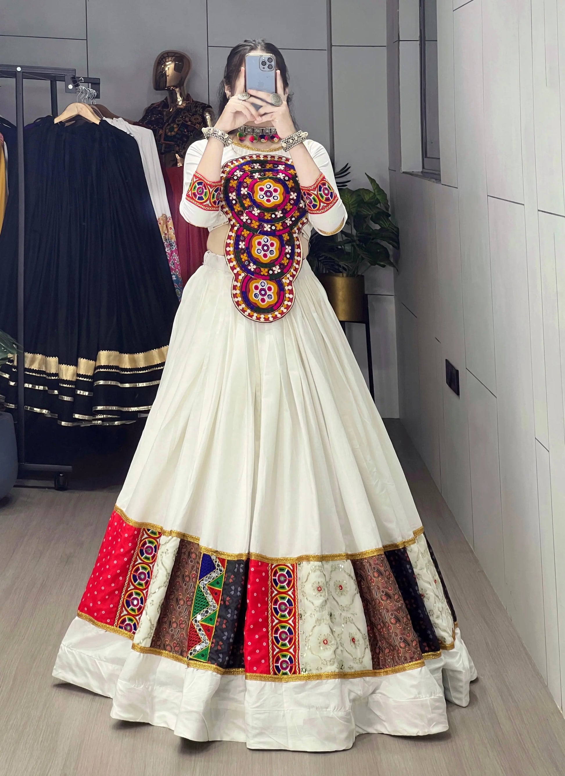 Rayon Kutchi Fancy Embroidery Mirror work White Concept Designer Chaniya Choli (Ready to Wear) Ethenika.com