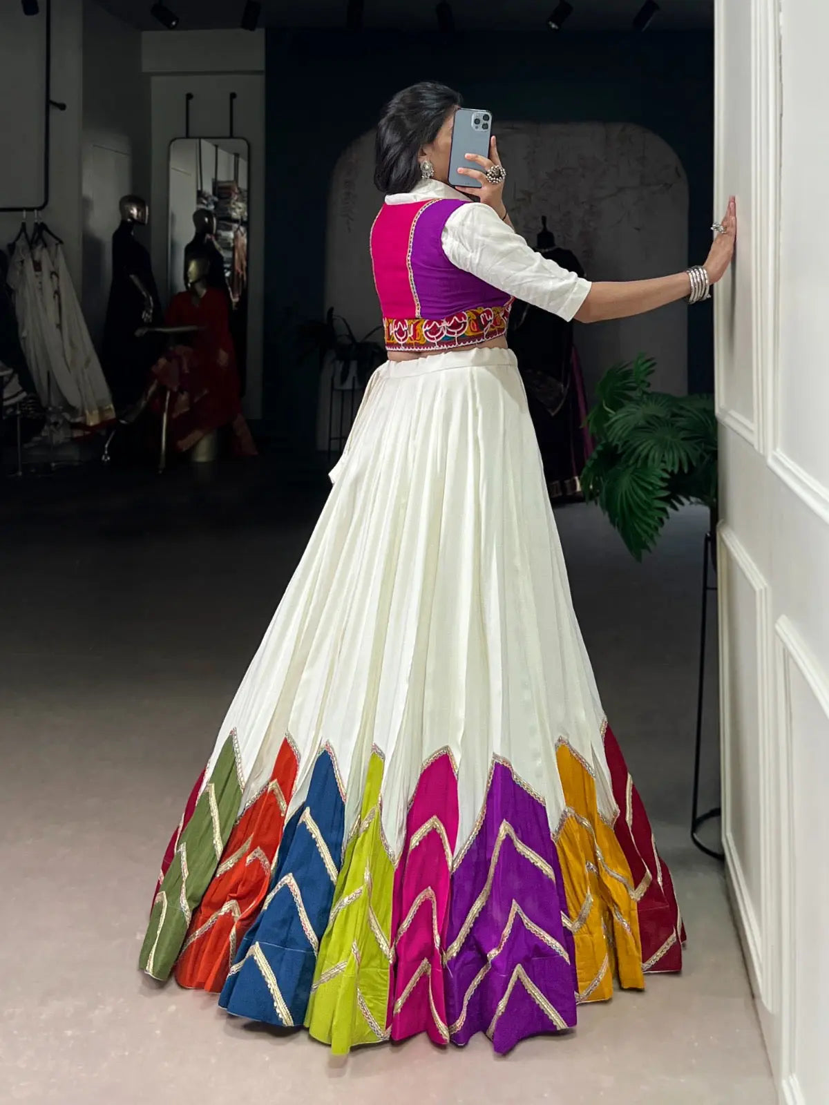 Rayon Multi Color Patch Lace Gamthi Kodi Work White Concept Navratri Special Lehenga Choli (Ready to Wear) Ethenika.com