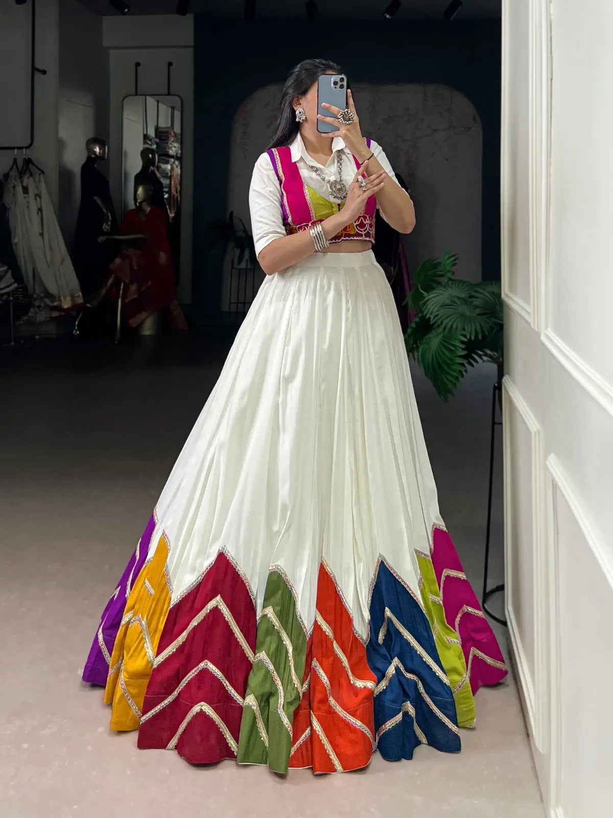 Rayon Multi Color Patch Lace Gamthi Kodi Work White Concept Navratri Special Lehenga Choli (Ready to Wear) Ethenika.com