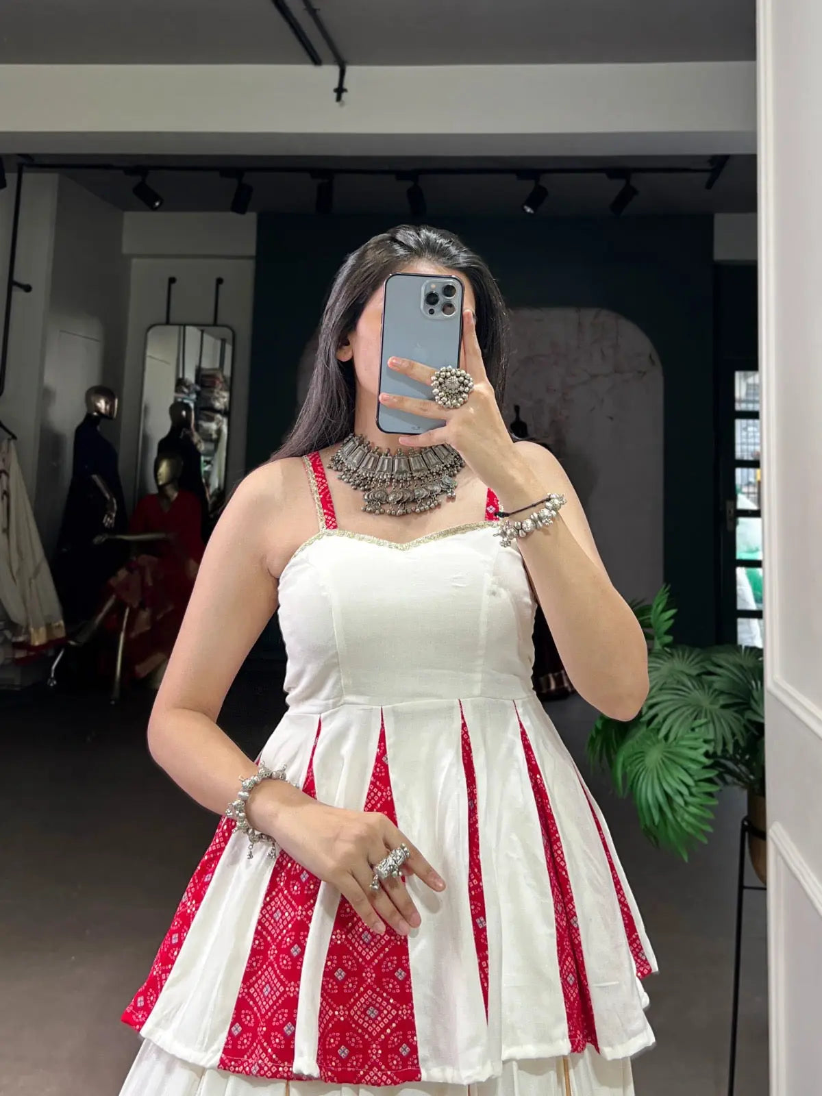 Rayon Patch Lace Work with Bandhani Print White Concept Navratri Garba Special Lehenga Choli (Ready to Wear) Ethenika.com