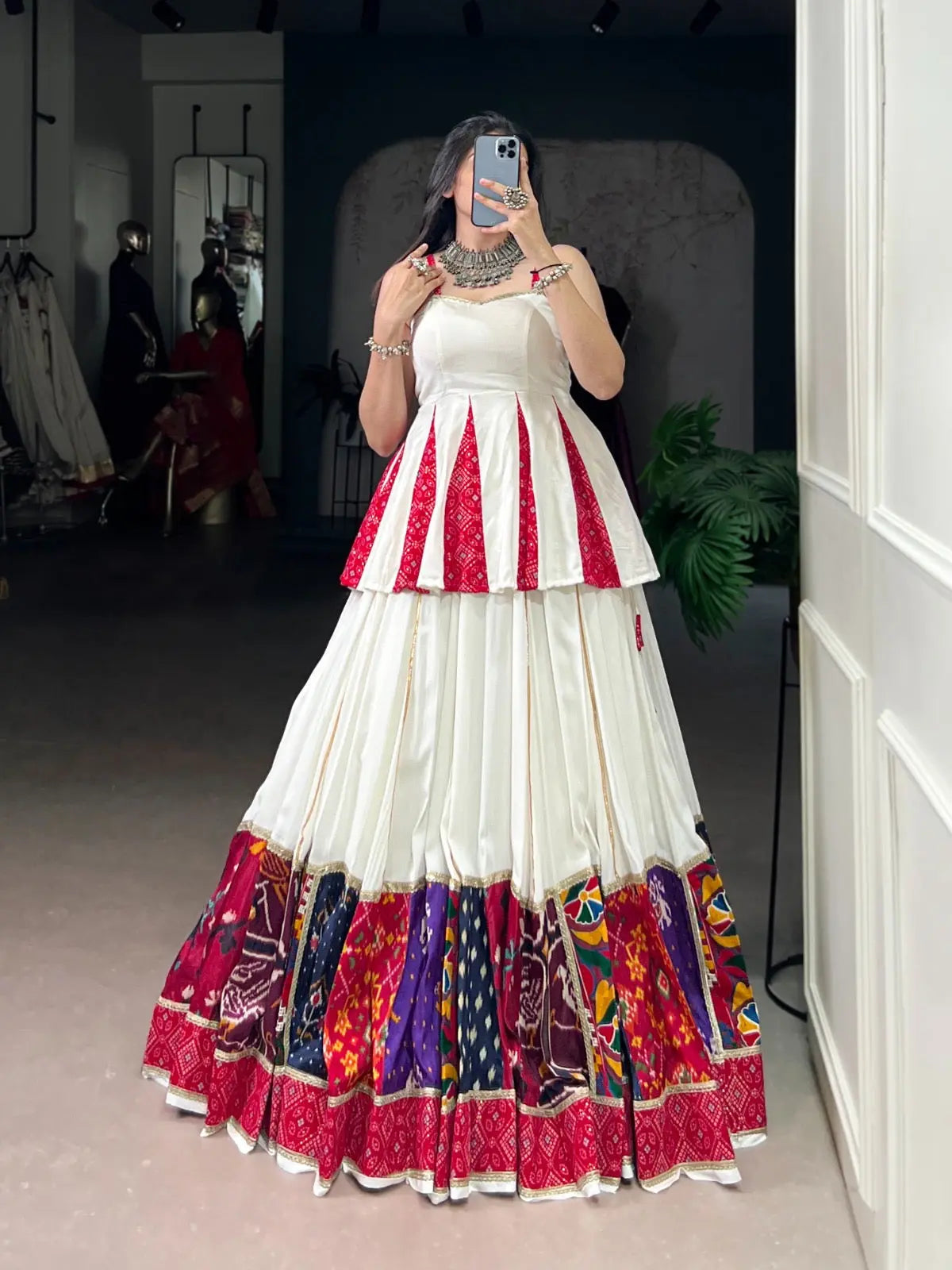 Rayon Patch Lace Work with Bandhani Print White Concept Navratri Garba Special Lehenga Choli (Ready to Wear) Ethenika.com