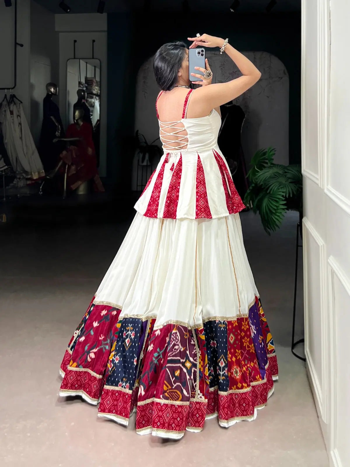 Rayon Patch Lace Work with Bandhani Print White Concept Navratri Garba Special Lehenga Choli (Ready to Wear) Ethenika.com