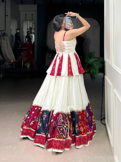 Rayon Patch Lace Work with Bandhani Print White Concept Navratri Garba Special Lehenga Choli (Ready to Wear) Ethenika.com