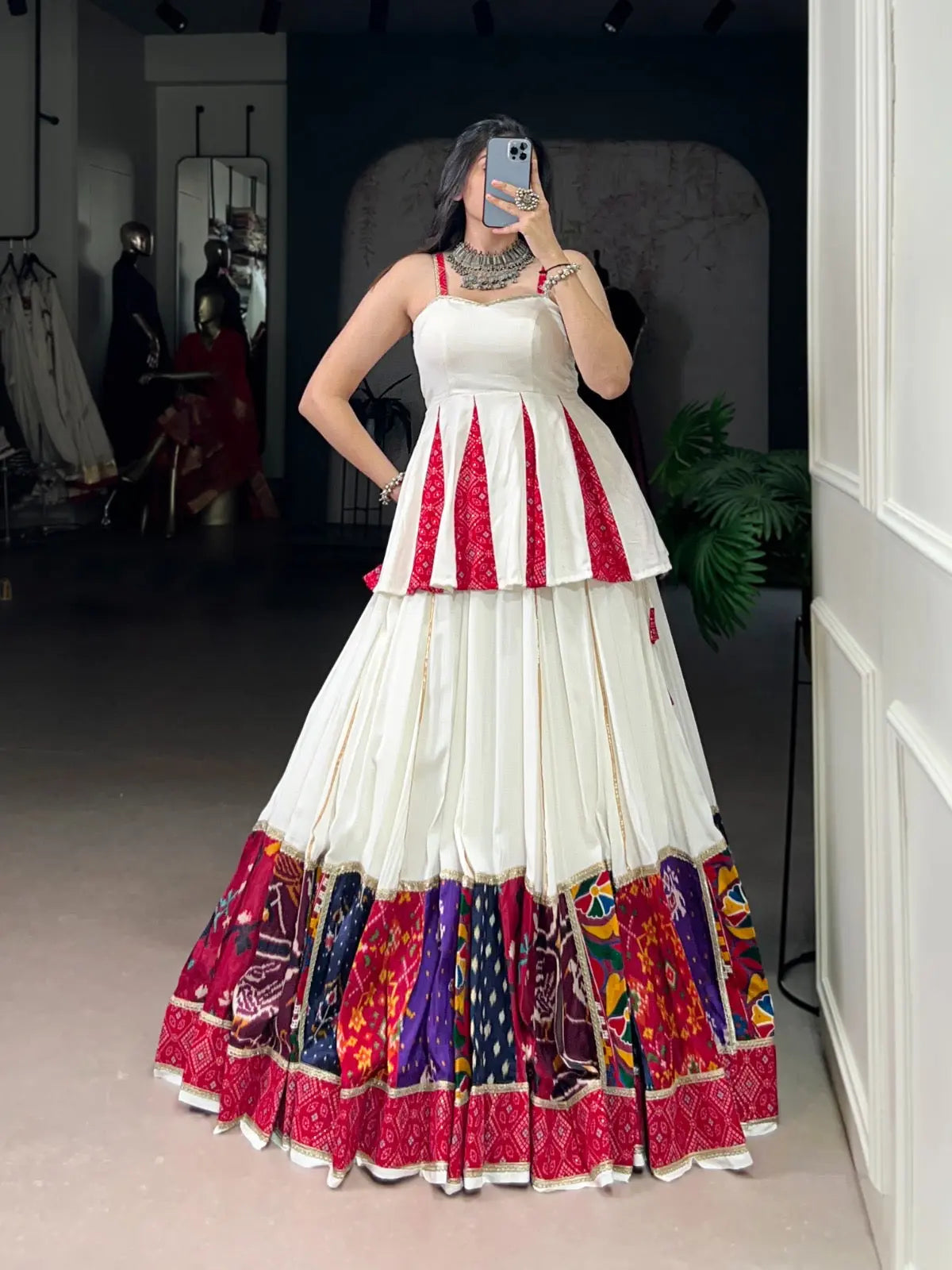 Rayon Patch Lace Work with Bandhani Print White Concept Navratri Garba Special Lehenga Choli (Ready to Wear) Ethenika.com