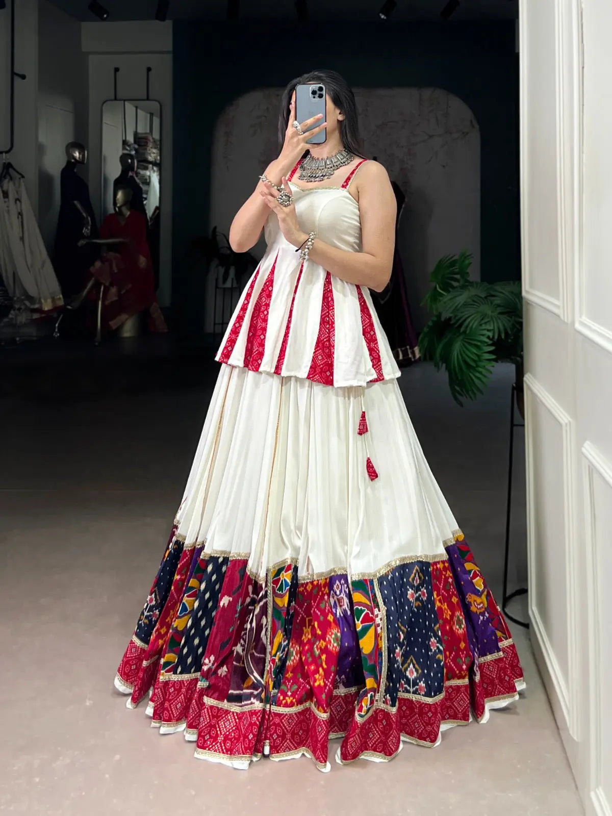 Rayon Patch Lace Work with Bandhani Print White Concept Navratri Garba Special Lehenga Choli (Ready to Wear) Ethenika.com