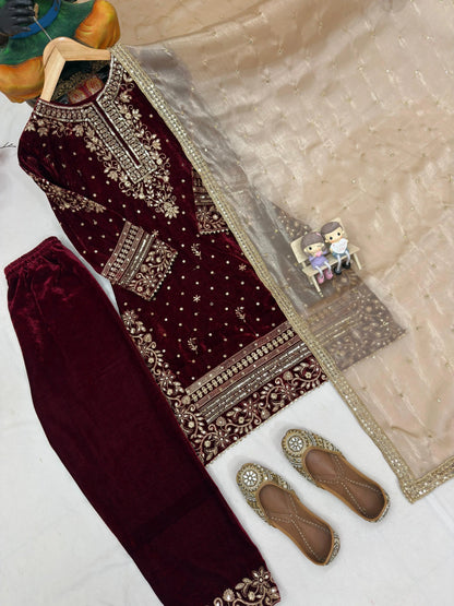 Real Moti Work with Sequence Embroidery Designer Velvet Kurti Pant Dupatta Set (Ready to Wear) Ethenika.com