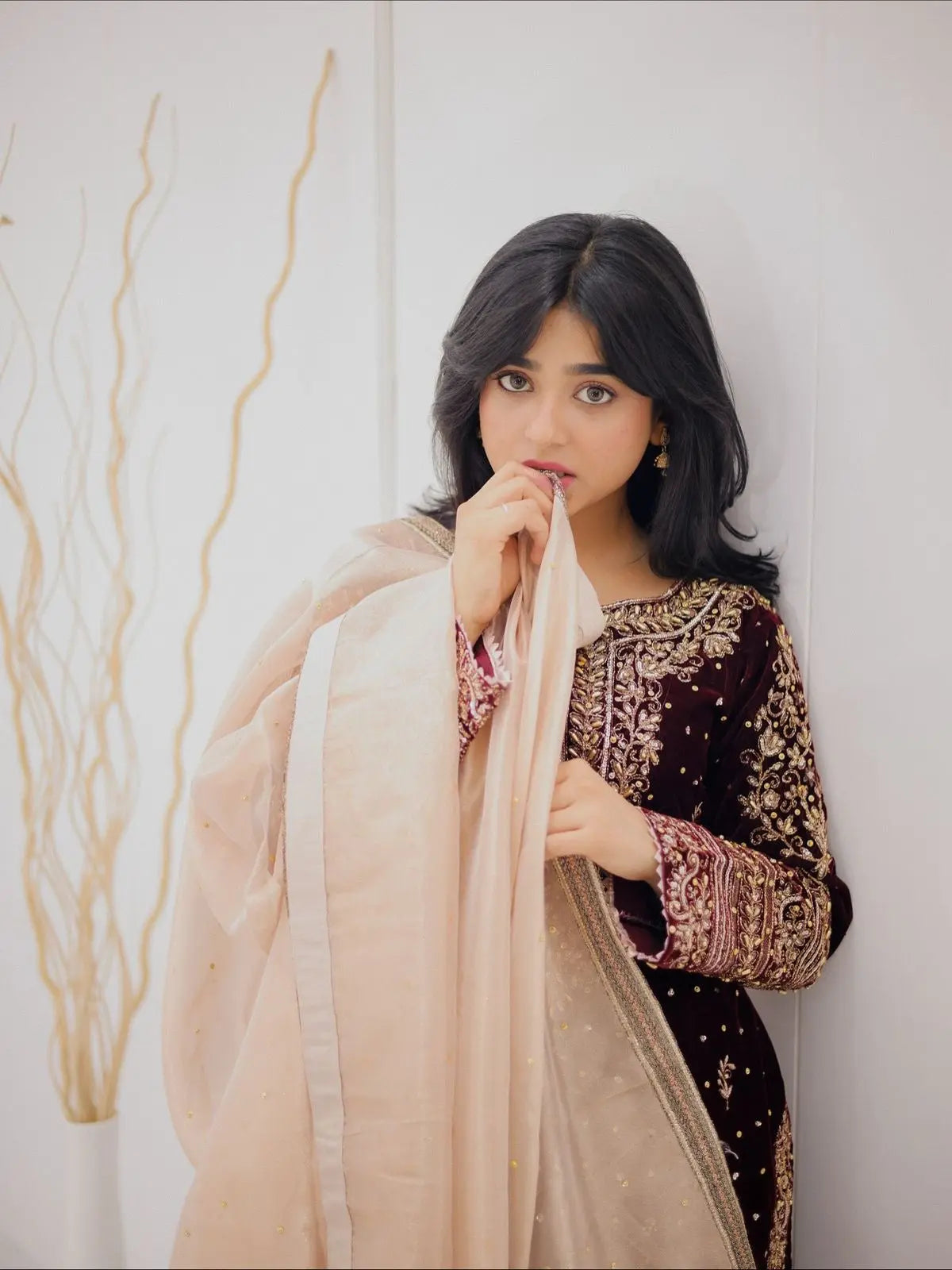 Real Moti Work with Sequence Embroidery Designer Velvet Kurti Pant Dupatta Set (Ready to Wear) Ethenika.com