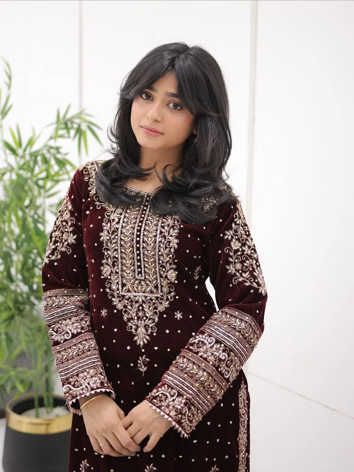 Real Moti Work with Sequence Embroidery Designer Velvet Kurti Pant Dupatta Set (Ready to Wear) Ethenika.com