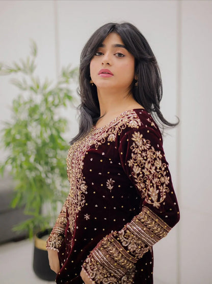 Real Moti Work with Sequence Embroidery Designer Velvet Kurti Pant Dupatta Set (Ready to Wear) Ethenika.com