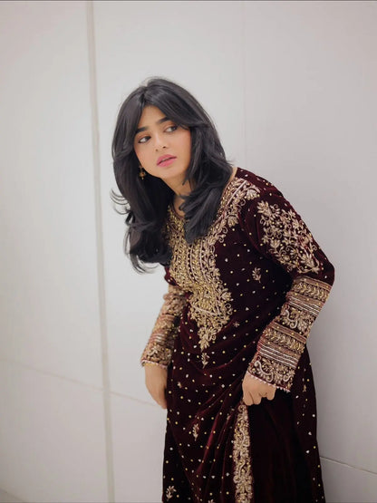 Real Moti Work with Sequence Embroidery Designer Velvet Kurti Pant Dupatta Set (Ready to Wear) Ethenika.com