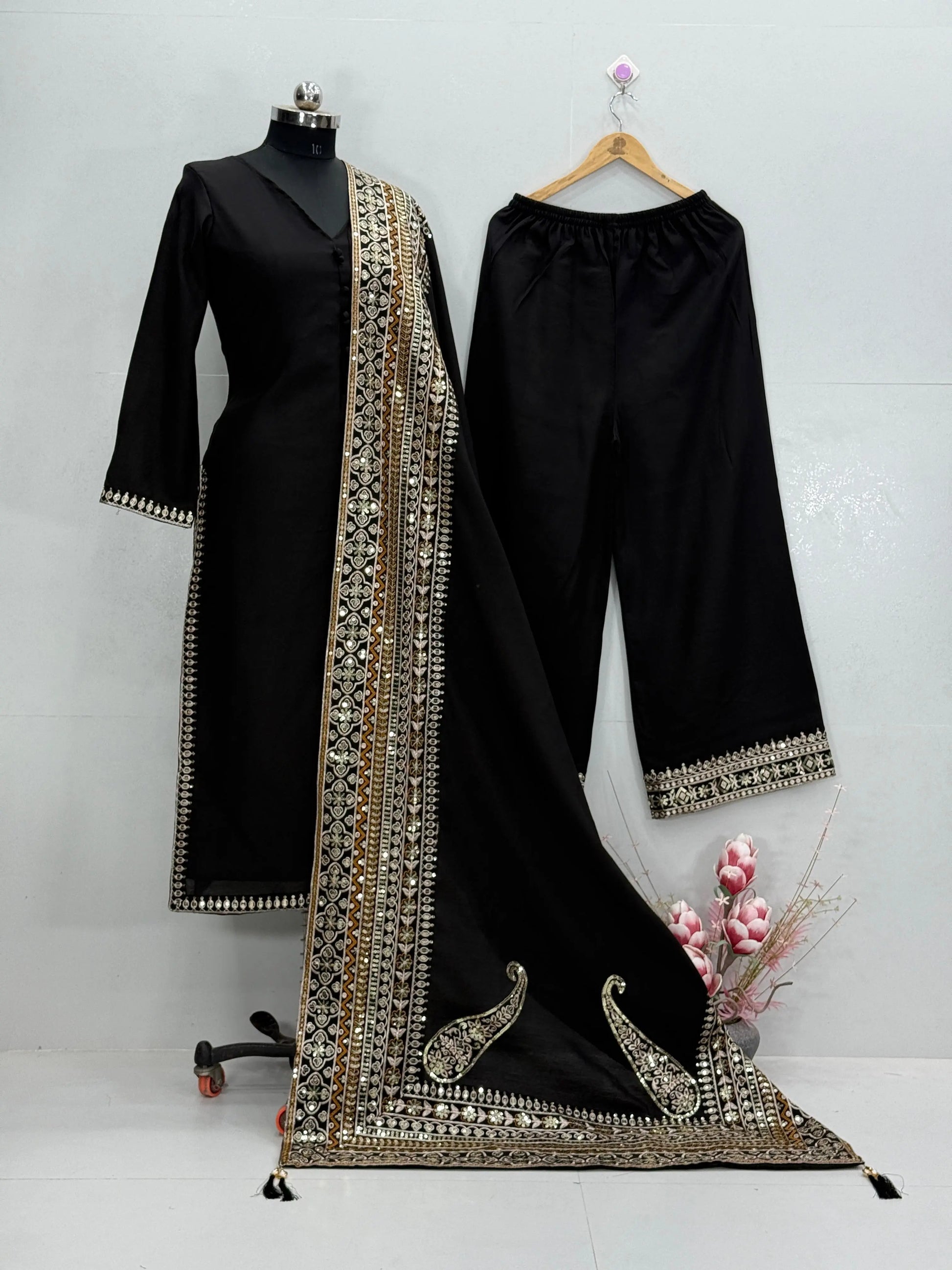 Roman Silk Embroidery Work Designer 3 Pc Kurti Palazzo Dupatta Set Ethenika.com