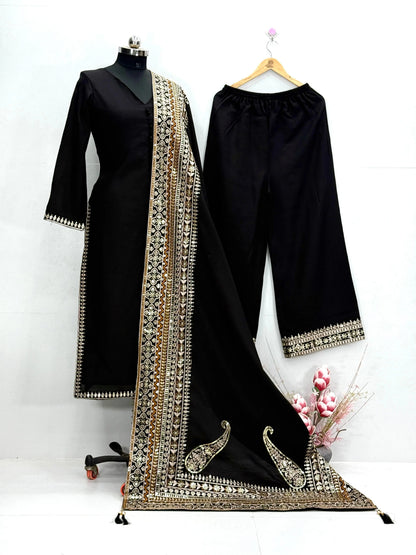 Roman Silk Embroidery Work Designer 3 Pc Kurti Palazzo Dupatta Set Ethenika.com