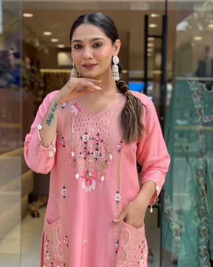 Roman Silk Original Kodi work with Hand Stone Thread Embroidery Work Summer Special Kurti Pant Dupatta Set (Fully Stitched) - Premium  from Ethenika.com  - Just INR 2990! Shop now at Ethenika.com 