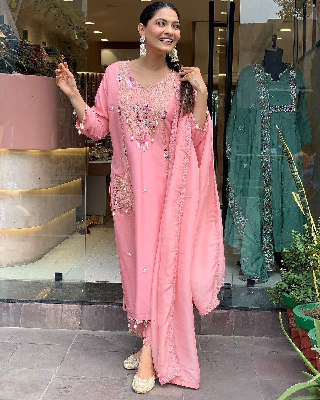 Roman Silk Original Kodi work with Hand Stone Thread Embroidery Work Summer Special Kurti Pant Dupatta Set (Fully Stitched) - Premium  from Ethenika.com  - Just INR 2990! Shop now at Ethenika.com 