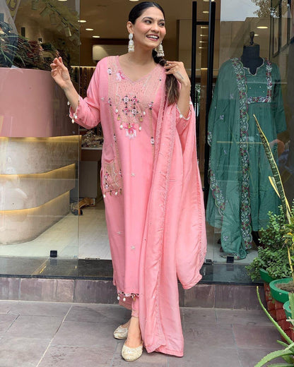 Roman Silk Original Kodi work with Hand Stone Thread Embroidery Work Summer Special Kurti Pant Dupatta Set (Fully Stitched) - Premium  from Ethenika.com  - Just INR 2990! Shop now at Ethenika.com 