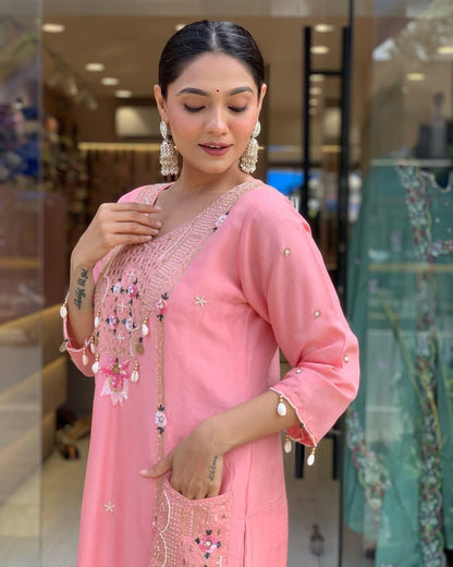 Roman Silk Original Kodi work with Hand Stone Thread Embroidery Work Summer Special Kurti Pant Dupatta Set (Fully Stitched) - Premium  from Ethenika.com  - Just INR 2990! Shop now at Ethenika.com 