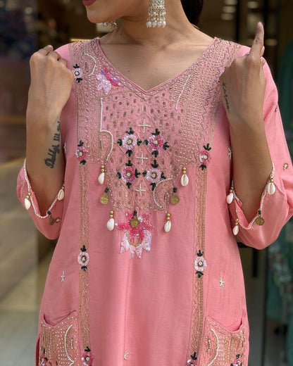 Roman Silk Original Kodi work with Hand Stone Thread Embroidery Work Summer Special Kurti Pant Dupatta Set (Fully Stitched) - Premium  from Ethenika.com  - Just INR 2990! Shop now at Ethenika.com 