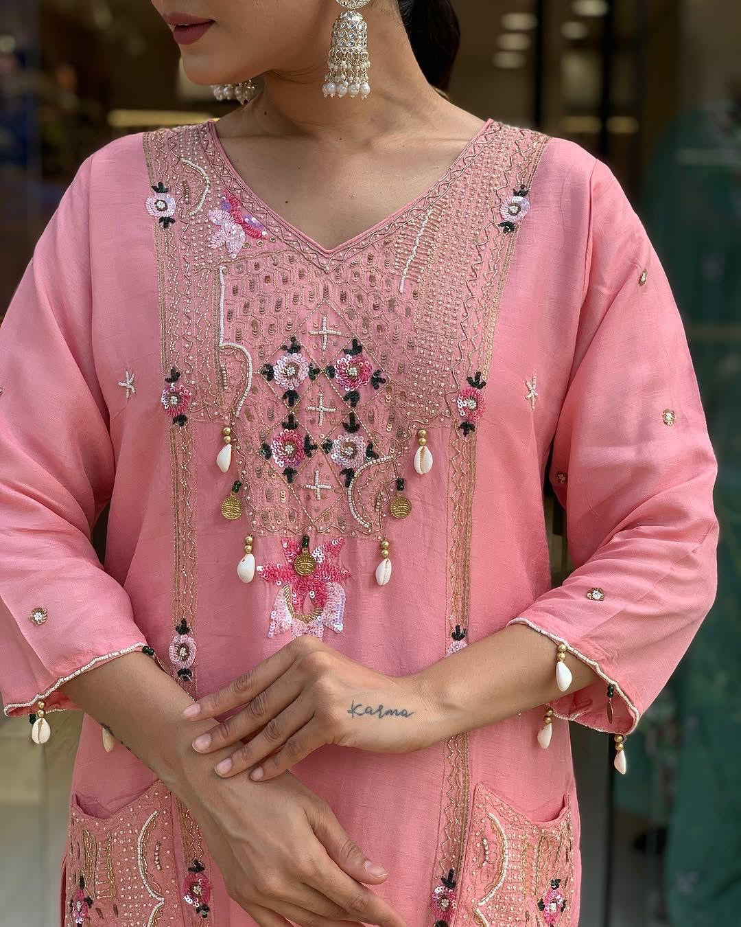 Roman Silk Original Kodi work with Hand Stone Thread Embroidery Work Summer Special Kurti Pant Dupatta Set (Fully Stitched) - Premium  from Ethenika.com  - Just INR 2990! Shop now at Ethenika.com 