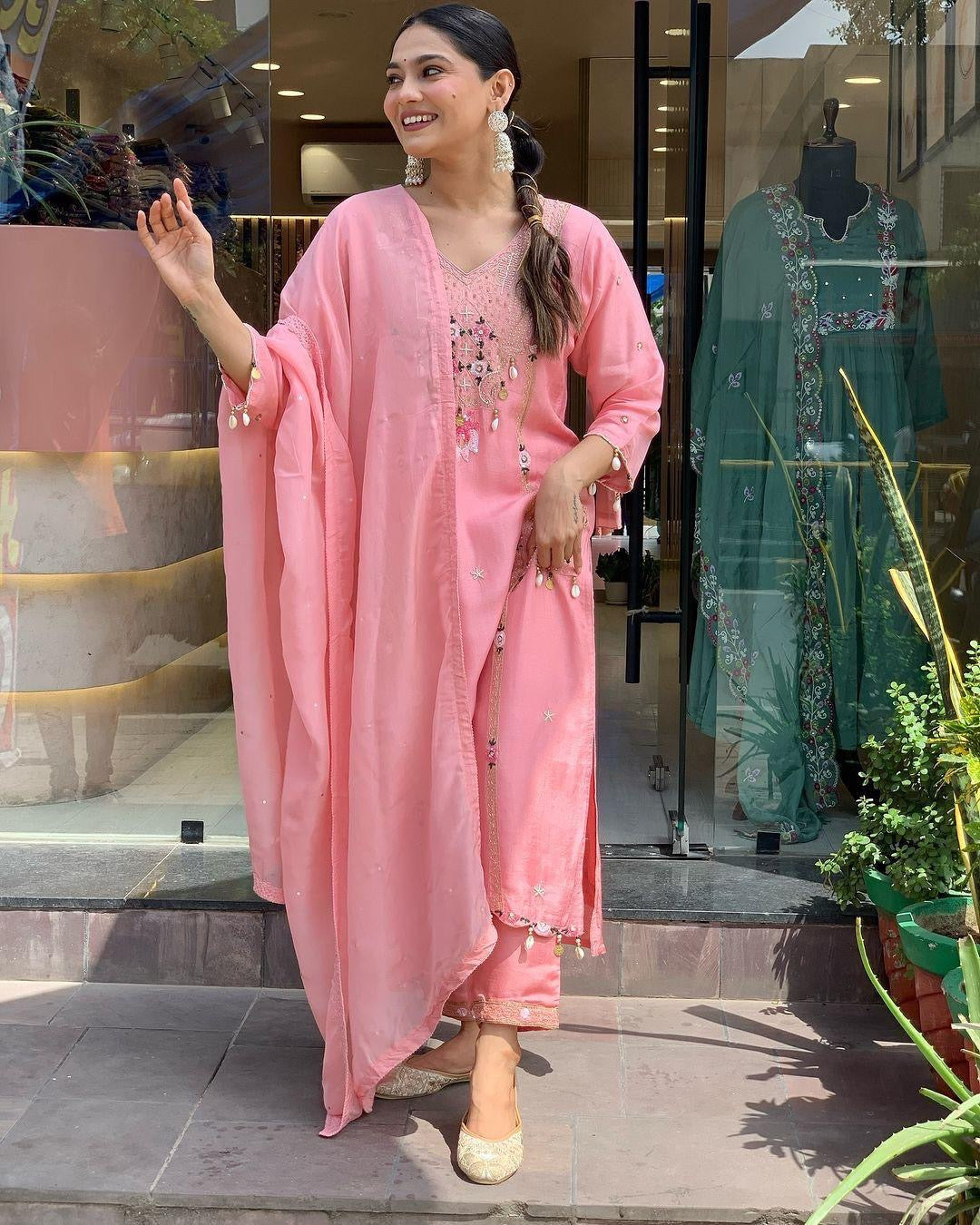 Roman Silk Original Kodi work with Hand Stone Thread Embroidery Work Summer Special Kurti Pant Dupatta Set (Fully Stitched) - Premium  from Ethenika.com  - Just INR 2990! Shop now at Ethenika.com 