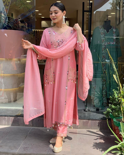 Roman Silk Original Kodi work with Hand Stone Thread Embroidery Work Summer Special Kurti Pant Dupatta Set (Fully Stitched) - Premium  from Ethenika.com  - Just INR 2990! Shop now at Ethenika.com 