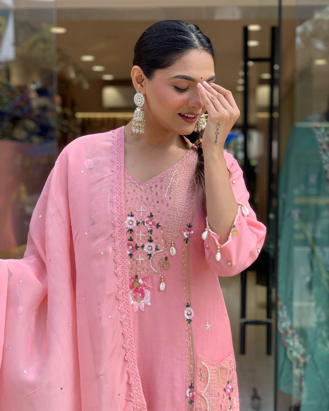 Roman Silk Original Kodi work with Hand Stone Thread Embroidery Work Summer Special Kurti Pant Dupatta Set (Fully Stitched) - Premium  from Ethenika.com  - Just INR 2990! Shop now at Ethenika.com 