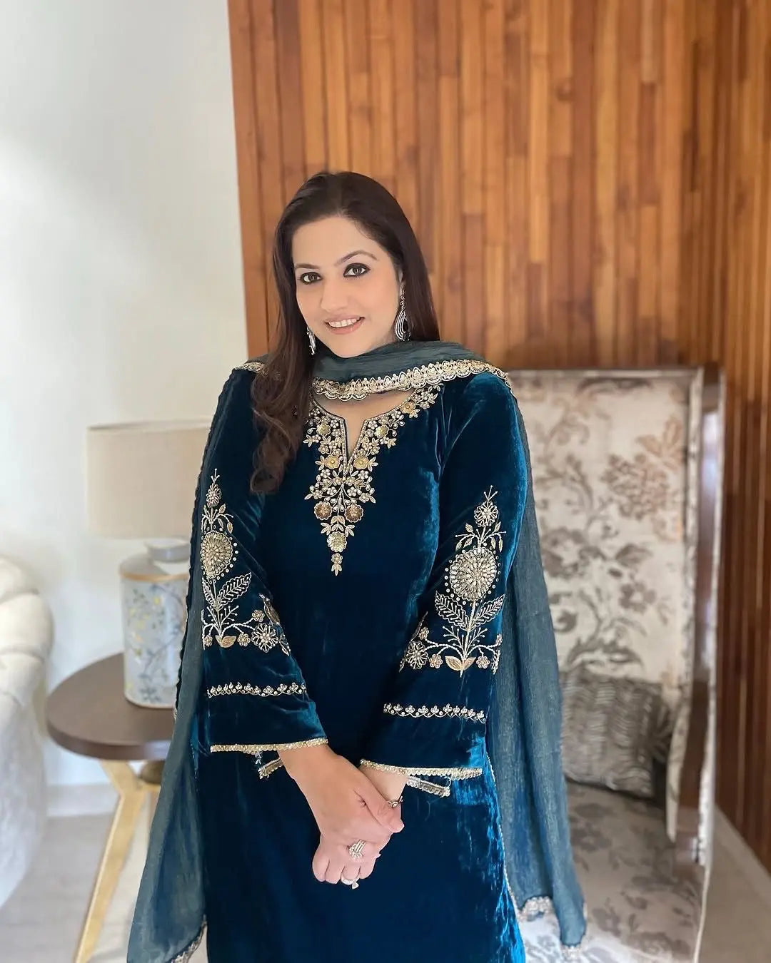 Sequence Coding Work Winter Special Designer Velvet Kurti Pant Dupatta Set (Ready to Wear) Ethenika.com