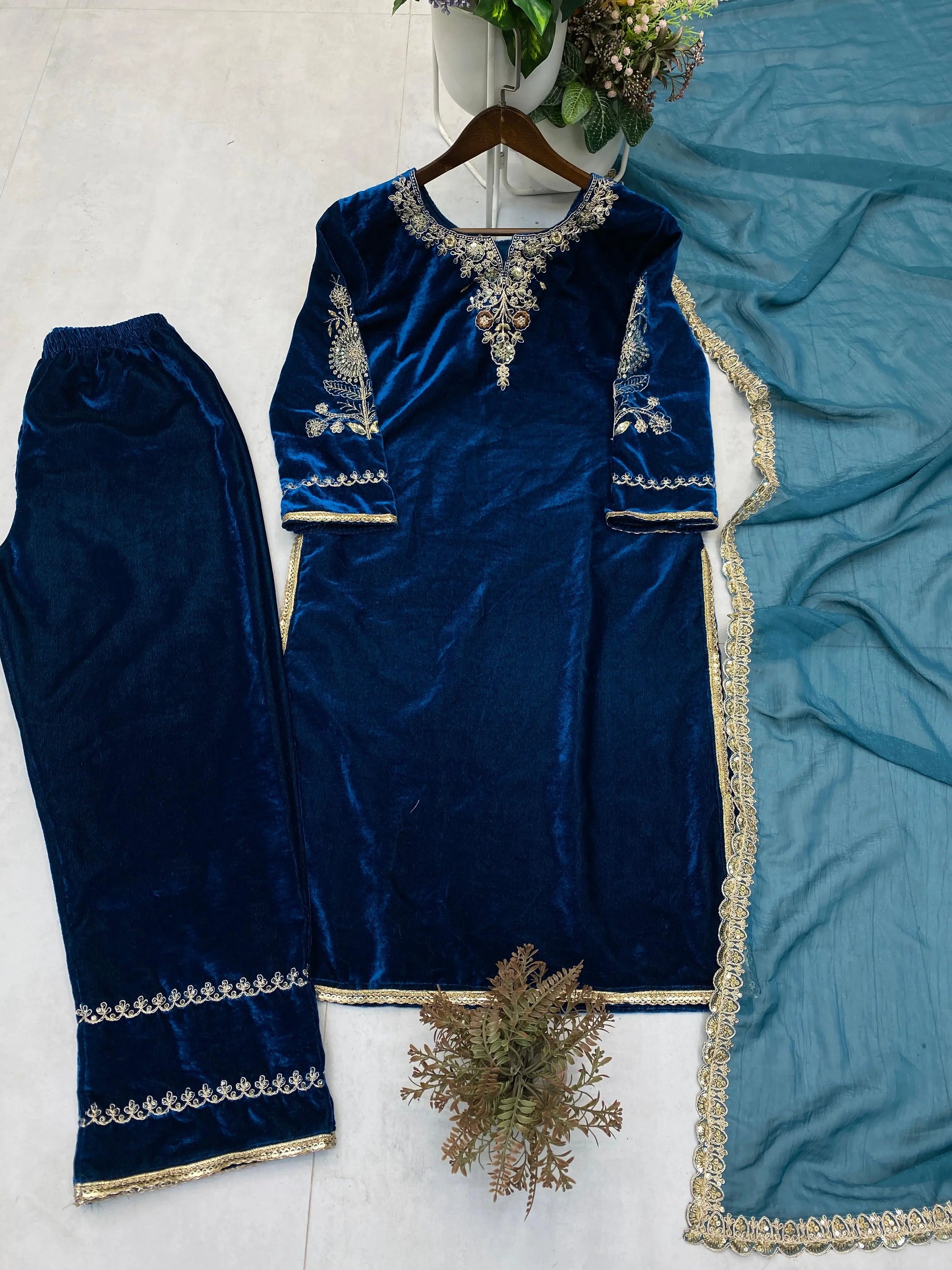 Sequence Coding Work Winter Special Designer Velvet Kurti Pant Dupatta Set (Ready to Wear) Ethenika.com