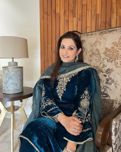 Sequence Coding Work Winter Special Designer Velvet Kurti Pant Dupatta Set (Ready to Wear) Ethenika.com