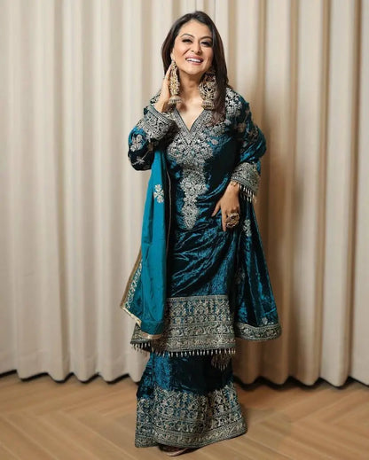 Sequence Embroidery Work 3Pc Ready to Wear Winer Special Velvet Kurti Pant Dupatta Set Ethenika.com