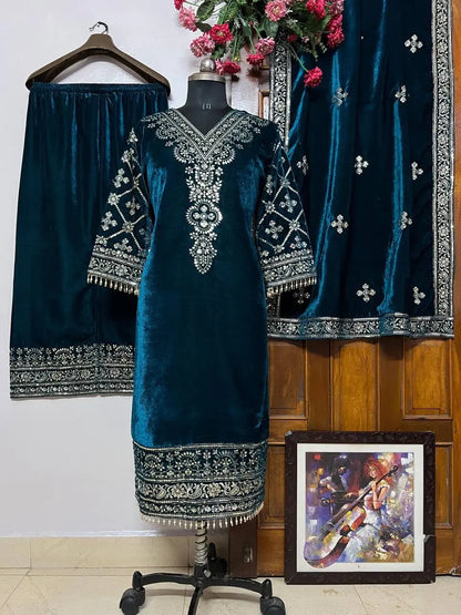 Sequence Embroidery Work 3Pc Ready to Wear Winer Special Velvet Kurti Pant Dupatta Set Ethenika.com