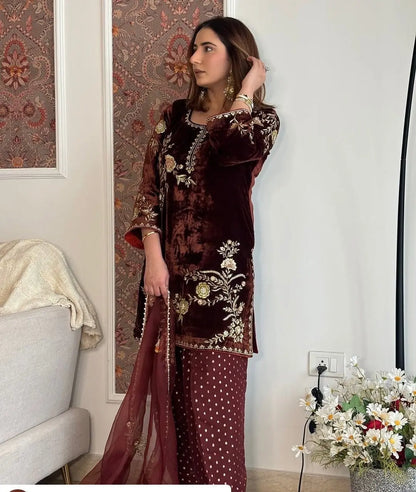 Sequence Embroidery Work Winter Special Velvet Kurti Pant Dupatta Set (Ready to Wear) Ethenika.com