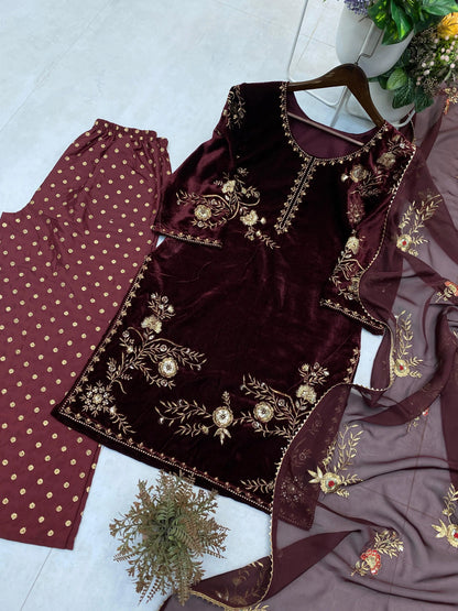 Sequence Embroidery Work Winter Special Velvet Kurti Pant Dupatta Set (Ready to Wear) Ethenika.com