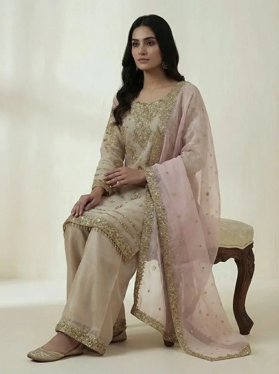 Silk Sequence Embroidery Work Designer Kurti Pant Dupatta Set Ethenika.com
