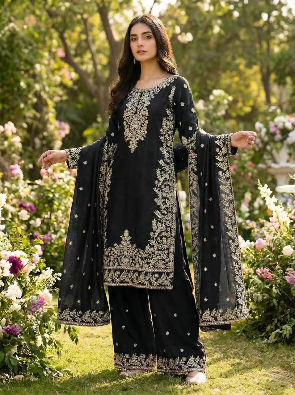 Silk Sequence Embroidery Work Designer Kurti Pant Dupatta Set Ethenika.com